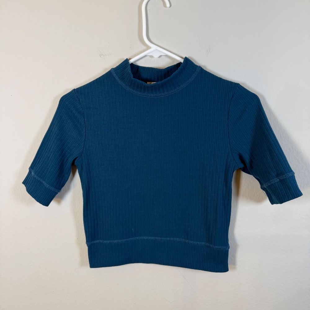 Intimately Free People Teal Blue Ribbed Mock Neck Elbow Sleeve Crop Top XS